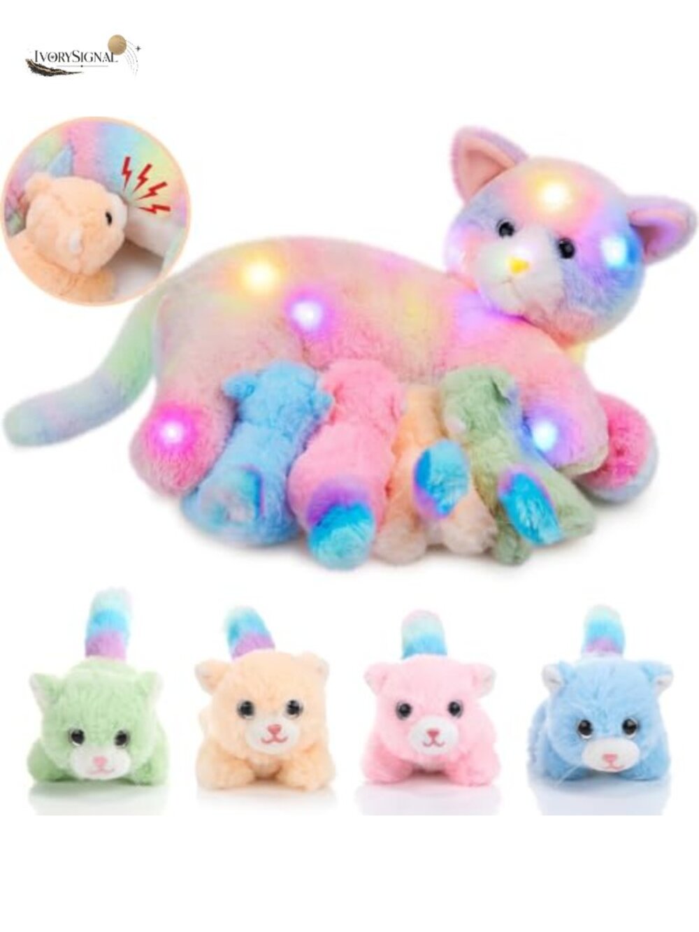 Plush Mommy Cat Stuffed Animal Set with 4 Baby Kittens LED Magnetic Nursing Toy